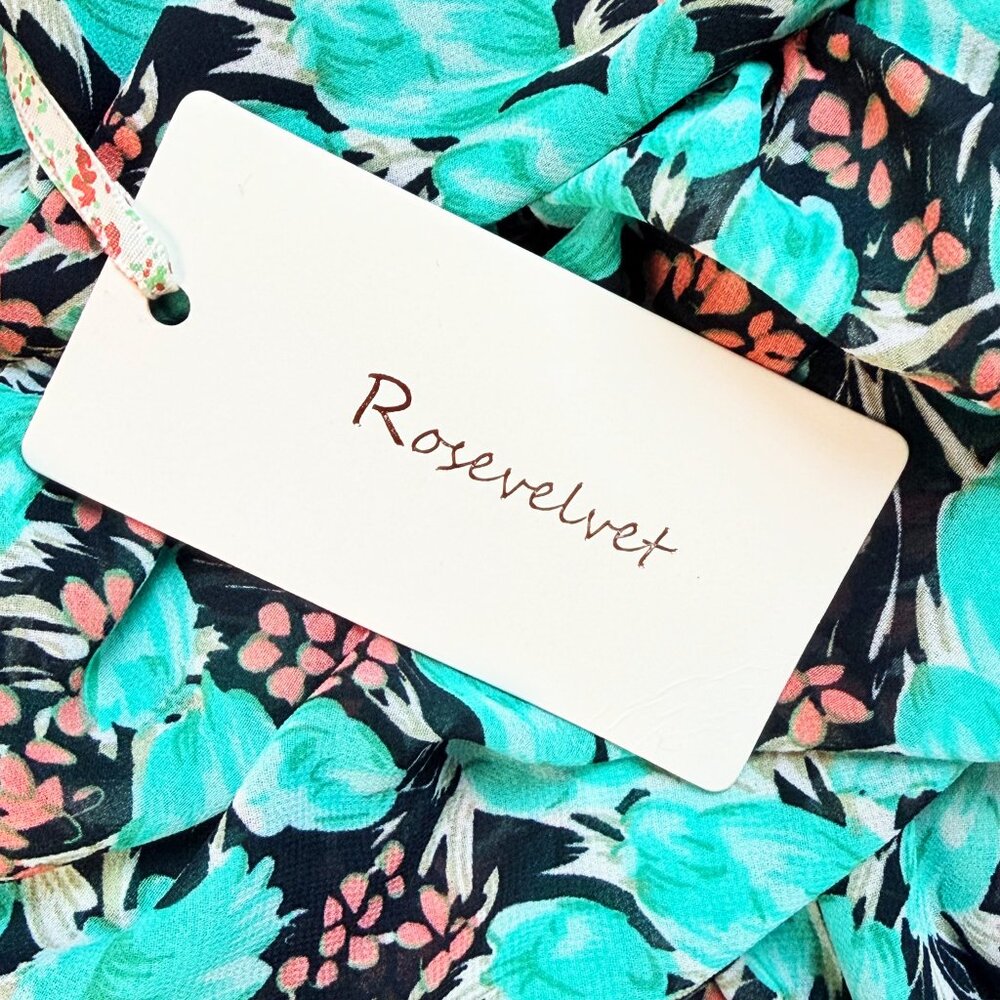 Rosevelvet Floral Cutout Midi Dress Mint Green Puff Sleeve Tie Front Boho Size M - Picture 7 of 9